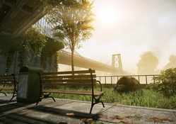 benches under bridge in haze