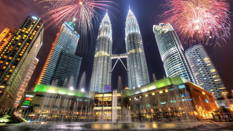 fireworks over mighty petronas towers in kuala lumpur hdr