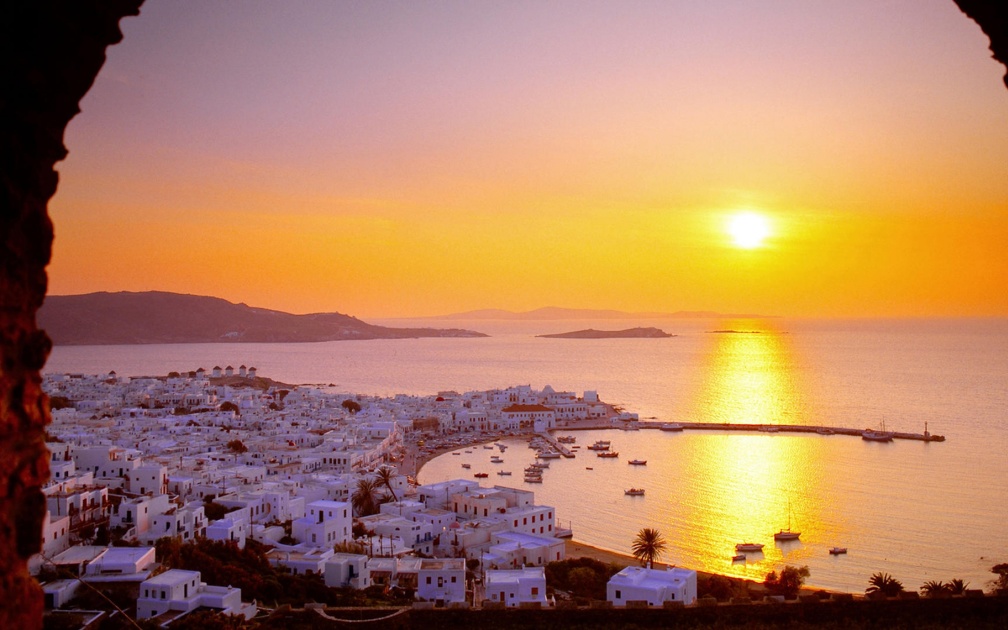 beautiful seaside greek village at sunset