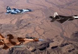 Two F_15 Eagles &amp; F_22 Raptor over Desert