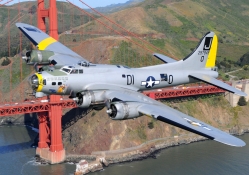 Boeing B17 passing Golden Gate Bridge