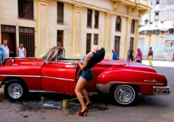 Washing an Old Chevy in Havana, Cuba