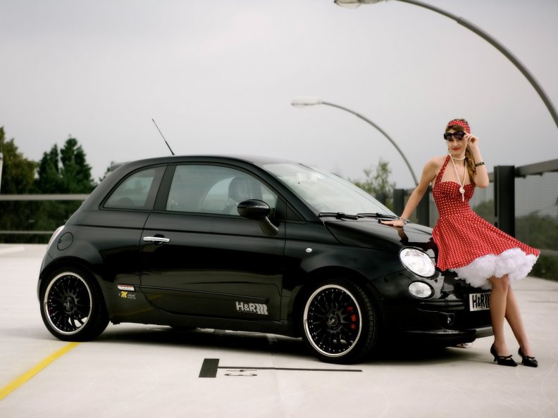 Fiat 500 supermodel in red white polka dot dress