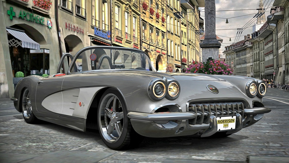 vintage corvette in a european city