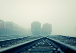 vintage subway cars in the fog