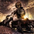 fantastic steam train in winter's sunset hdr