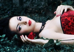 Women models lying down red lips