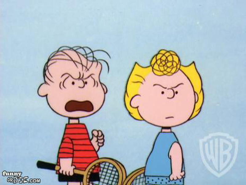 sally and linus arguing with someone while playing tennis
